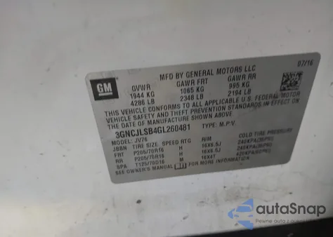 2016 Chevrolet Trax Lt z USA, uszkodzony, nr VIN 3GNCJLSB4GL260481